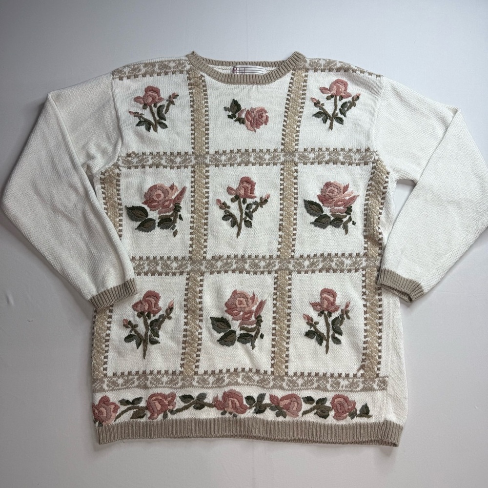 Vintage rose knit crocheted sweater cottagecore grandma lounge small